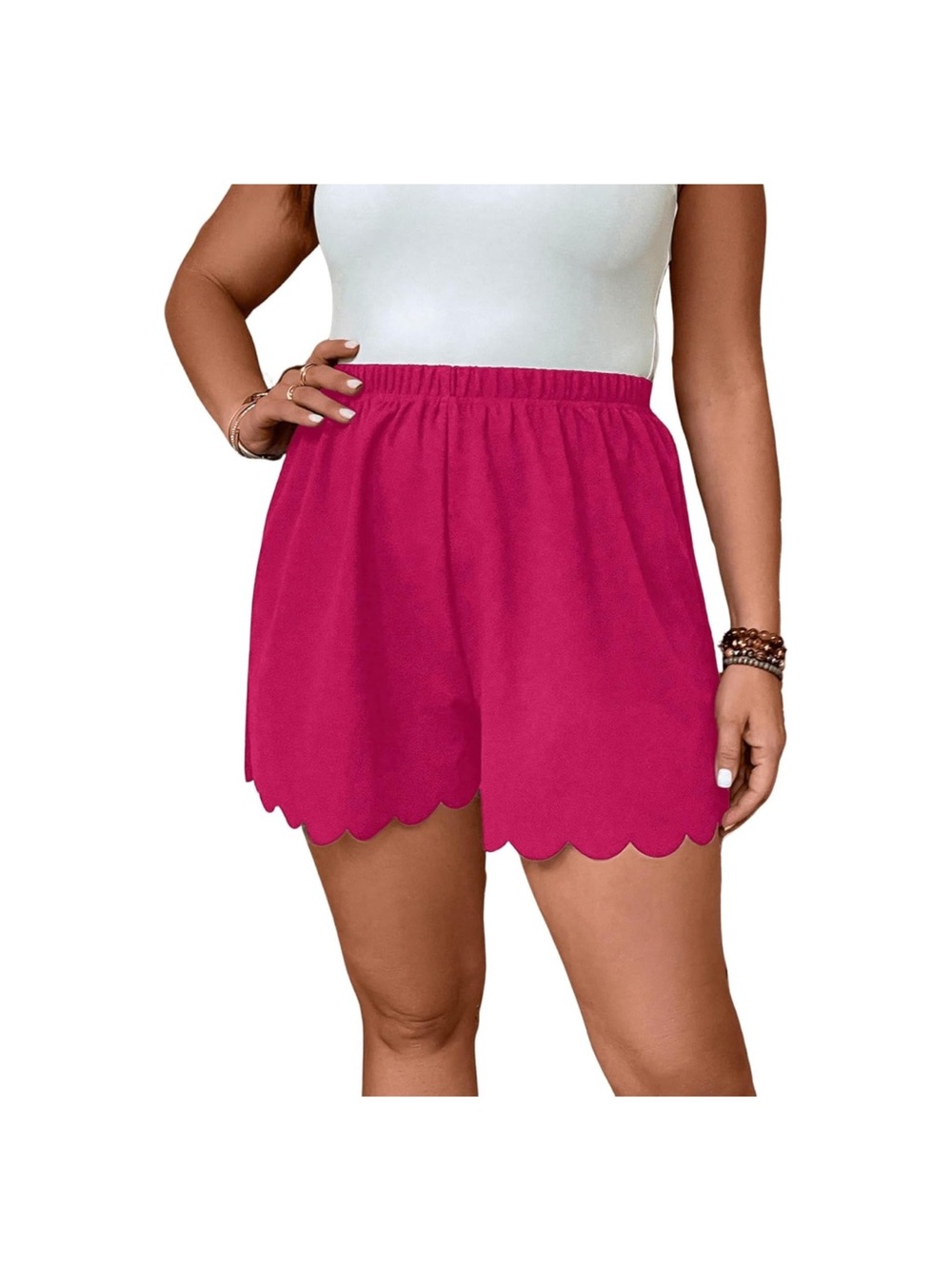 Scalloped Hem Pink Women’s Elastic Waist Shorts
